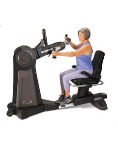 The NuStep UE8 upper body ergometer with an inclusive swivel seat design and low step through for patients who prefer to work seated or transfer from their wheelchair.